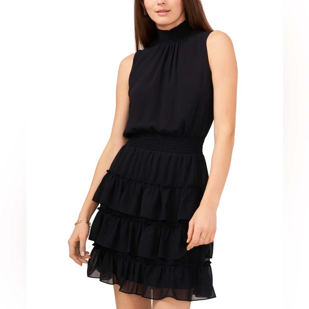 1.STATE Printed Mock-neck Ruffle-skirt Mini Dress‎
